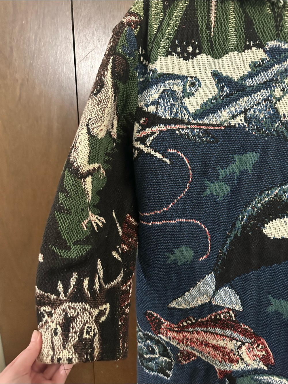 Handmade Fringed Boho Blanket Tapestry Knit Cardigan Blue & Green Animals Sz XL - Picture 12 of 16